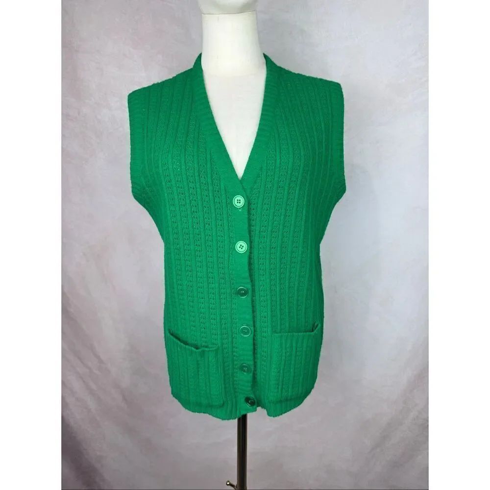 Vintage 1970s Green Knit Vest Sweater Dotty Mann Size Medium